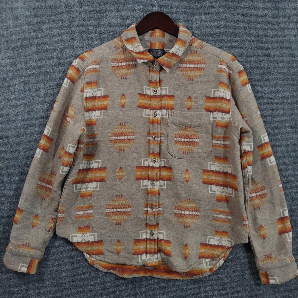 Pendleton Shirt Womens M Beige Southwestern Flannel Button Up Long Sleeve